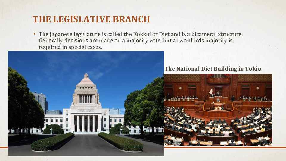 THE LEGISLATIVE BRANCH • The Japanese legislature is called the Kokkai or Diet and