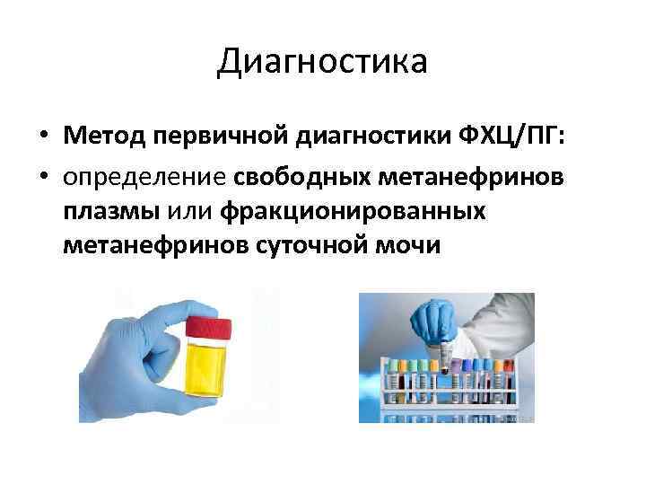 Диагностика • Метод первичной диагностики ФХЦ/ПГ: • определение свободных метанефринов плазмы или фракционированных метанефринов