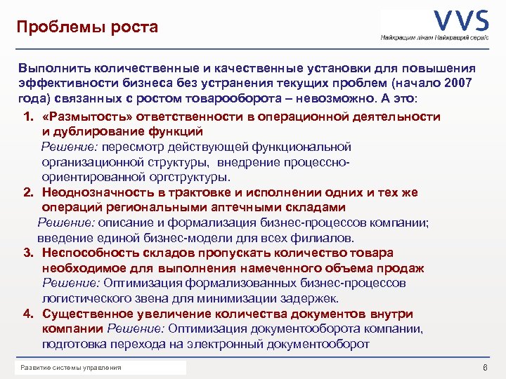 Проблемы роста Выполнить количественные и качественные установки для повышения эффективности бизнеса без устранения текущих