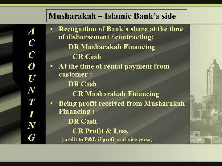 Musharakah – Islamic Bank’s side A C C O U N T I N