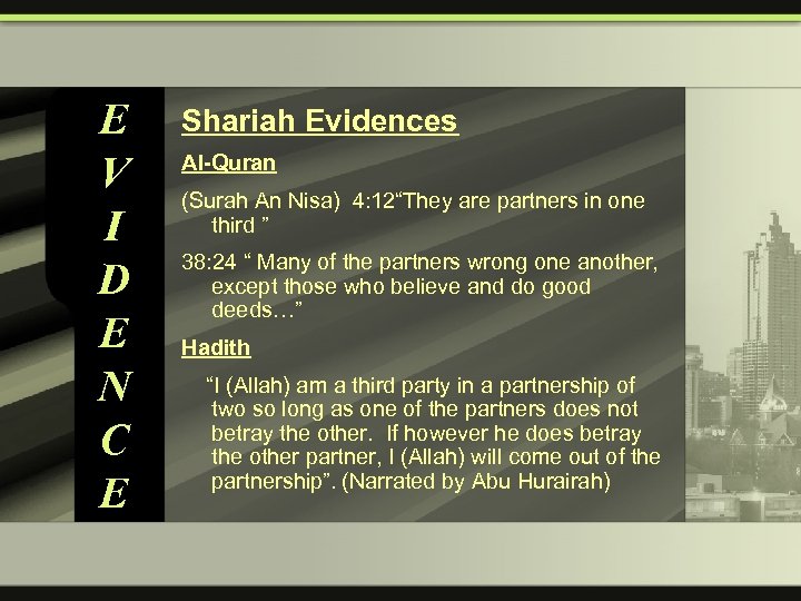 E V I D E N C E Shariah Evidences Al-Quran (Surah An Nisa)