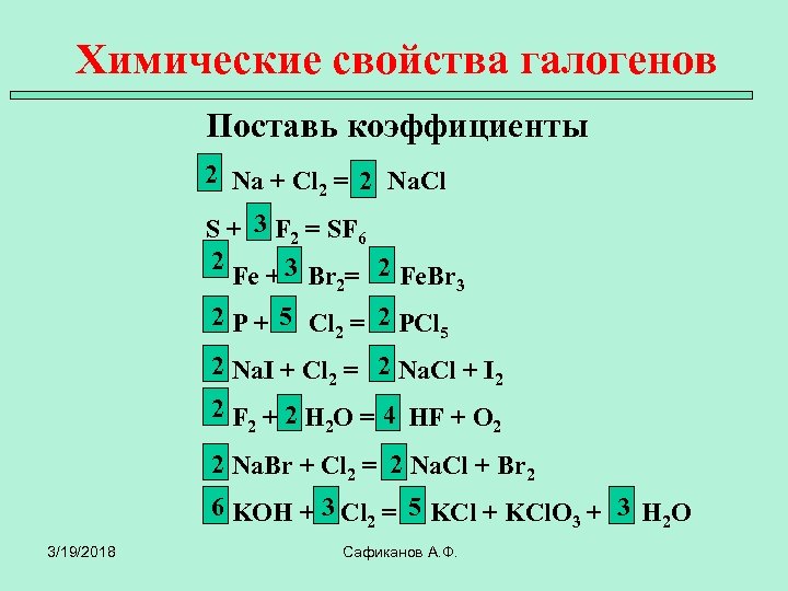 Химические свойства галогенов Поставь коэффициенты 2 2 Na + Cl 2 = Na. Cl