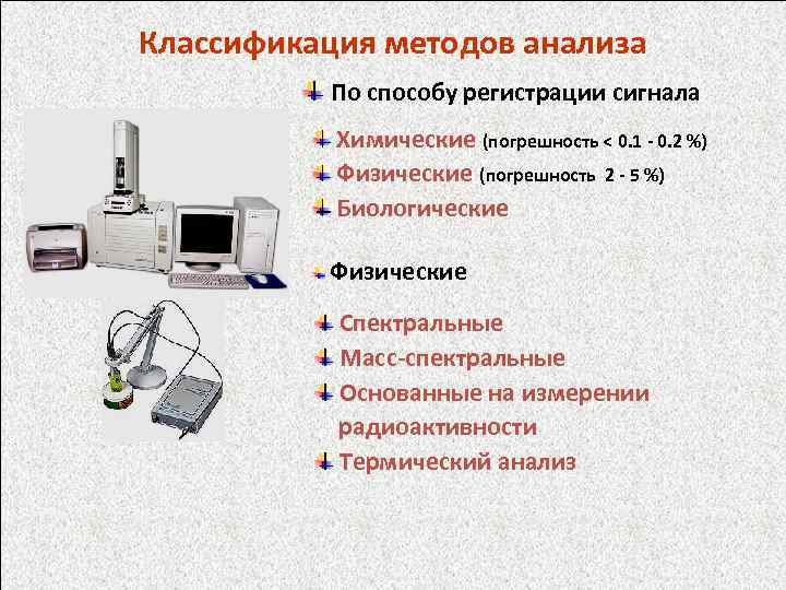 Классификация методов анализа По способу регистрации сигнала Химические (погрешность < 0. 1 - 0.