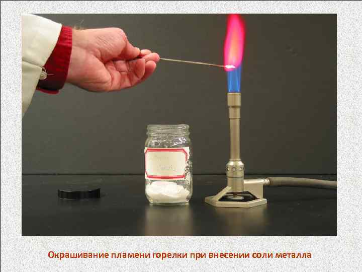 Окрашивание пламени горелки при внесении соли металла 
