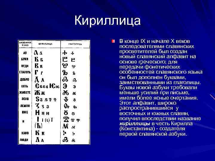 Кириллица В конце IX и начале X веков последователями славянских просветителей был создан новый