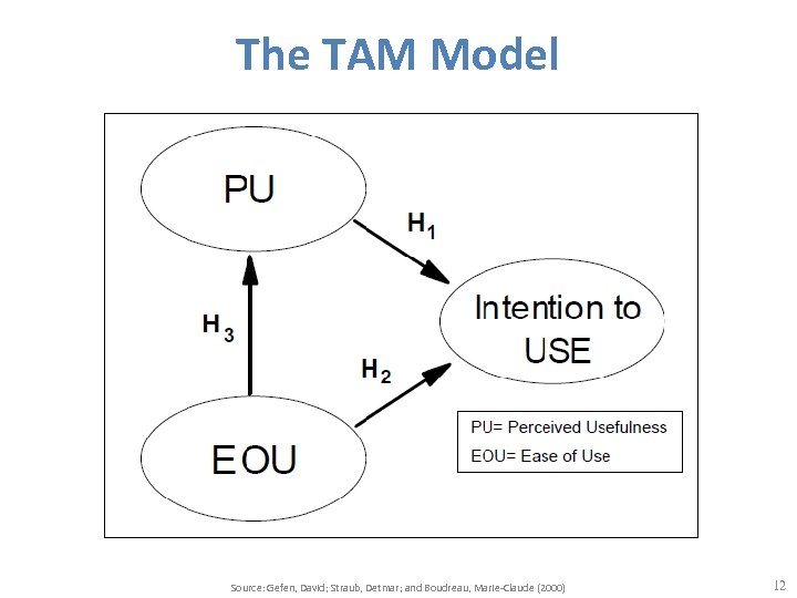 The TAM Model Source: Gefen, David; Straub, Detmar; and Boudreau, Marie-Claude (2000) 12 