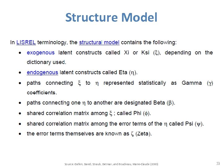 Structure Model Source: Gefen, David; Straub, Detmar; and Boudreau, Marie-Claude (2000) 53 