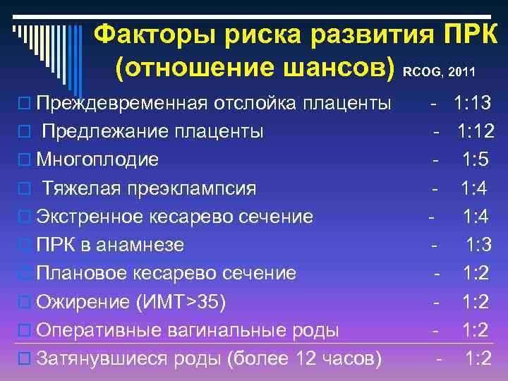 Факторы риска развития ПРК (отношение шансов) RCOG, 2011 o Преждевременная отслойка плаценты o Предлежание