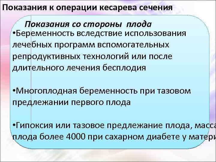 Показания к операции кесарева сечения Показания со стороны плода • Беременность вследствие использования лечебных