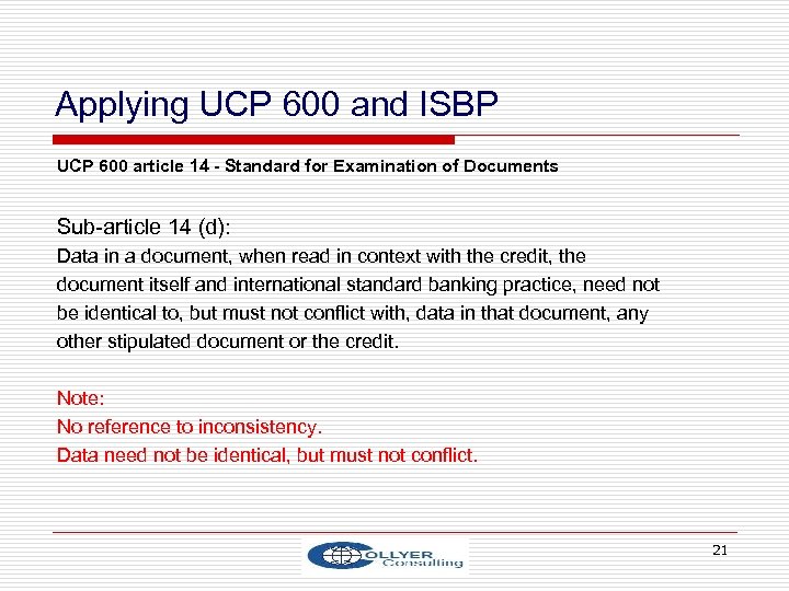 Applying UCP 600 and ISBP UCP 600 article 14 - Standard for Examination of