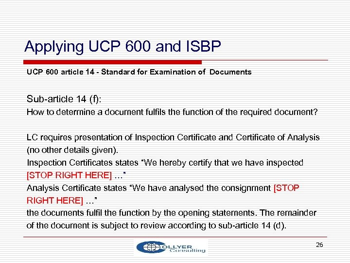 Applying UCP 600 and ISBP UCP 600 article 14 - Standard for Examination of