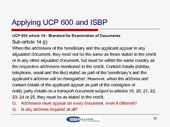 Applying UCP 600 and ISBP UCP 600 article 14 - Standard for Examination of