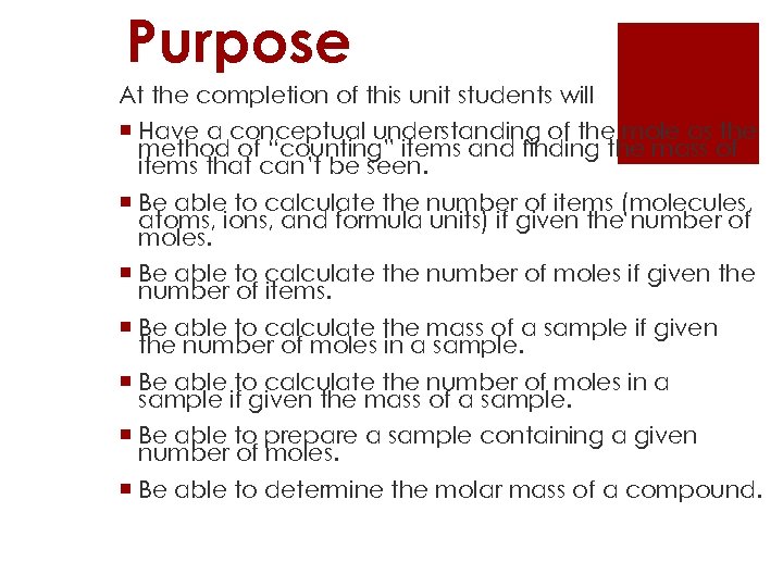 Purpose At the completion of this unit students will ¡ Have a conceptual understanding