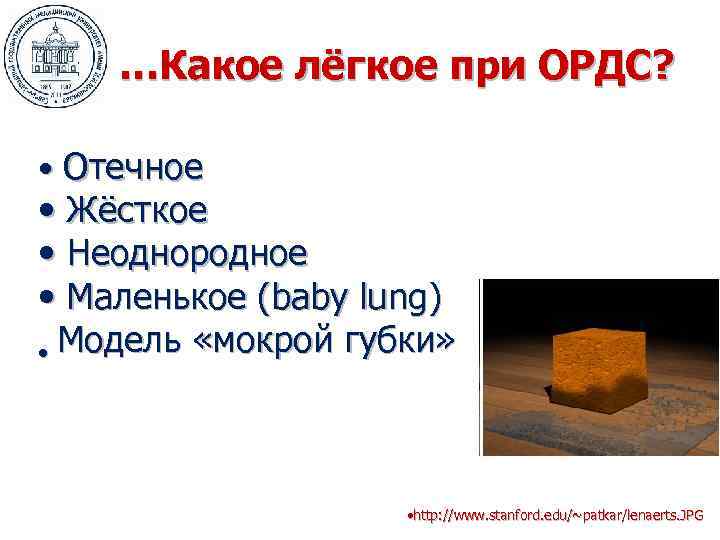 …Какое лёгкое при ОРДС? • Отечное • Жёсткое • Неоднородное • Маленькое (baby lung)