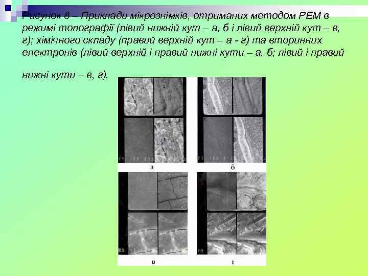 Рисунок 8 – Приклади мікрознімків, отриманих методом РЕМ в режимі топографії (лівий нижній кут