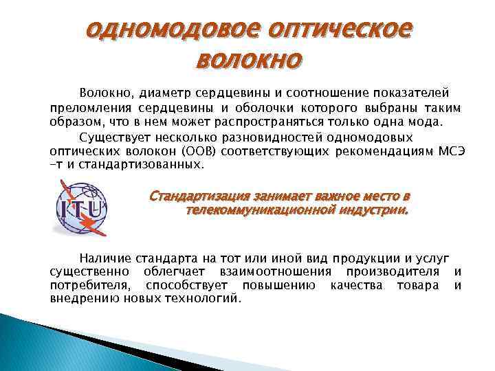 одномодовое оптическое волокно Волокно, диаметр сердцевины и соотношение показателей преломления сердцевины и оболочки которого