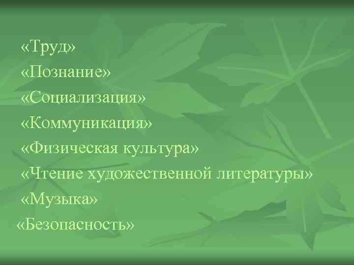  «Труд» «Познание» «Социализация» «Коммуникация» «Физическая культура» «Чтение художественной литературы» «Музыка» «Безопасность» 