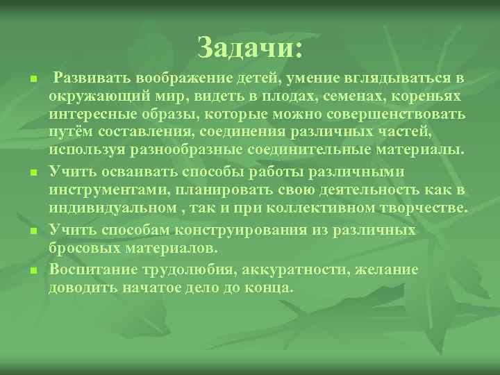 Задачи: n n Развивать воображение детей, умение вглядываться в окружающий мир, видеть в плодах,