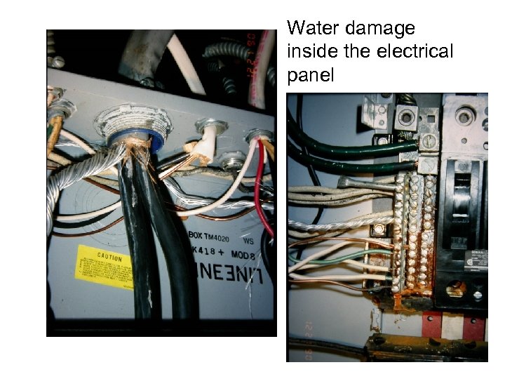 Water damage inside the electrical panel 12 