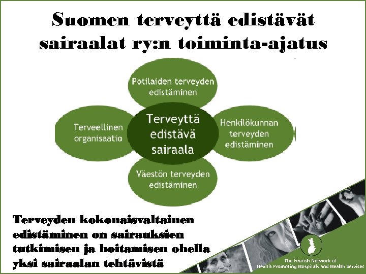 Suomen terveyttä edistävät sairaalat ry: n toiminta-ajatus Terveyden kokonaisvaltainen edistäminen on sairauksien tutkimisen ja