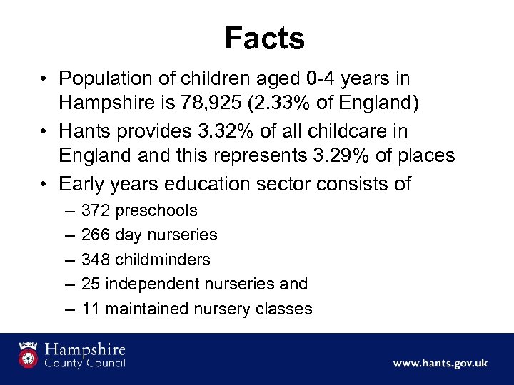 Facts • Population of children aged 0 -4 years in Hampshire is 78, 925