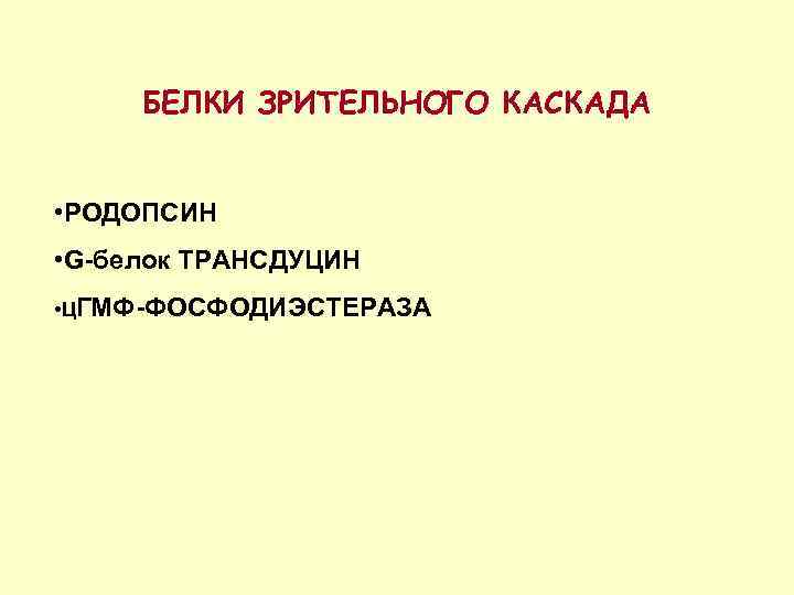 БЕЛКИ ЗРИТЕЛЬНОГО КАСКАДА • РОДОПСИН • G-белок ТРАНСДУЦИН • ЦГМФ-ФОСФОДИЭСТЕРАЗА 