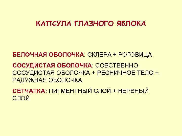 КАПСУЛА ГЛАЗНОГО ЯБЛОКА БЕЛОЧНАЯ ОБОЛОЧКА: СКЛЕРА + РОГОВИЦА СОСУДИСТАЯ ОБОЛОЧКА: СОБСТВЕННО СОСУДИСТАЯ ОБОЛОЧКА +