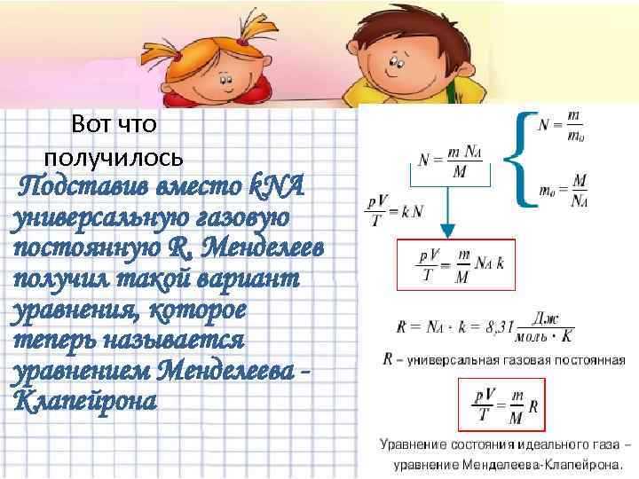 Вот что получилось Подставив вместо k. NA универсальную газовую постоянную R, Менделеев получил такой