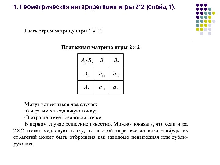 1. Геометрическая интерпретация игры 2*2 (слайд 1). 