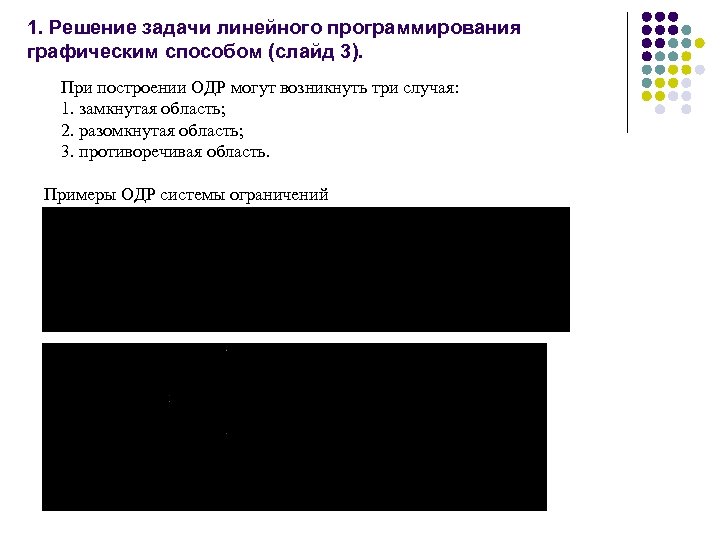 1. Решение задачи линейного программирования графическим способом (слайд 3). При построении ОДР могут возникнуть