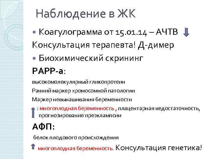 Наблюдение в ЖК Коагулограмма от 15. 01. 14 – АЧТВ Консультация терапевта! Д-димер Биохимический