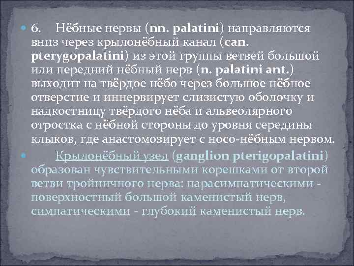  6. Нёбные нервы (nn. palatini) направляются вниз через крылонёбный канал (can. pterygopalatini) из