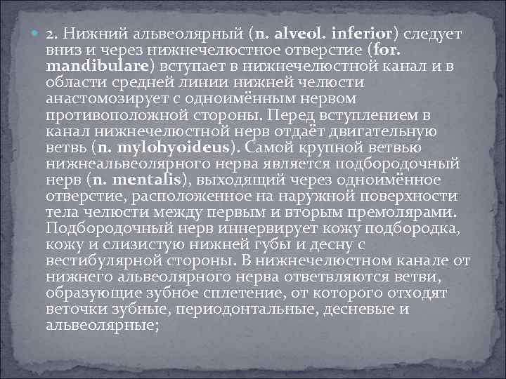  2. Нижний альвеолярный (n. alveol. inferior) следует вниз и через нижнечелюстное отверстие (for.