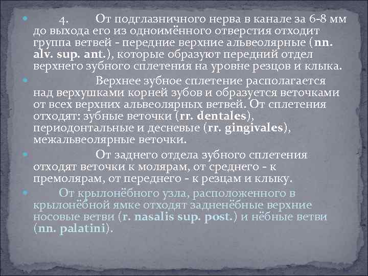 4. От подглазничного нерва в канале за 6 -8 мм до выхода его из