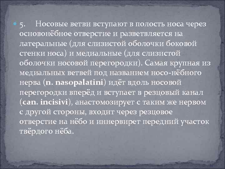  5. Носовые ветви вступают в полость носа через основонёбное отверстие и разветвляется на