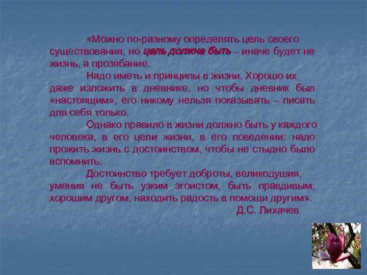  «Можно по-разному определять цель своего существования, но цель должна быть – иначе будет