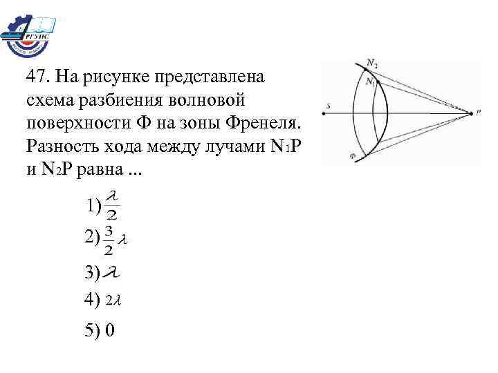 47. На рисунке представлена схема разбиения волновой поверхности Ф на зоны Френеля. Разность хода