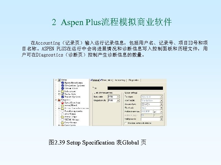  2 Aspen Plus流程模拟商业软件 在Accounting（记录页）输入运行记录信息，包括用户名、记录号、项目ID号和项 目名称。ASPEN PLUS在运行中会将进展情况和诊断信息写入控制面板和历程文件，用 户可在Diagnostics（诊断页）控制产生诊断信息的数量。 图 2. 39 Setup Specification 表Global