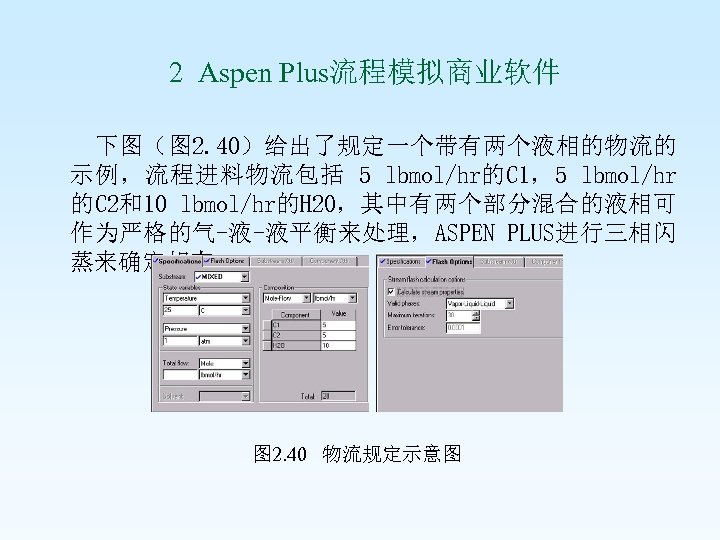  2 Aspen Plus流程模拟商业软件 下图（图 2. 40）给出了规定一个带有两个液相的物流的 示例，流程进料物流包括 5 lbmol/hr的C 1，5 lbmol/hr 的C 2和10