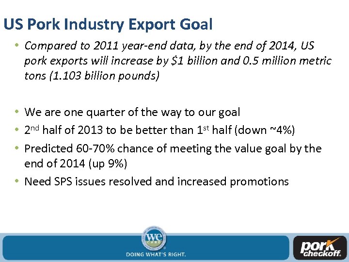 US Pork Industry Export Goal • Compared to 2011 year-end data, by the end