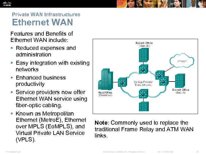 Private WAN Infrastructures Ethernet WAN Features and Benefits of Ethernet WAN include: § Reduced