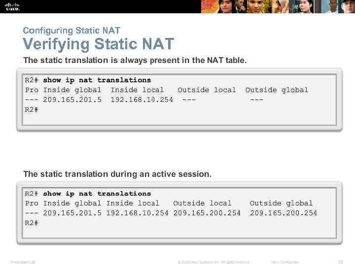 Configuring Static NAT Verifying Static NAT Presentation_ID © 2008 Cisco Systems, Inc. All rights