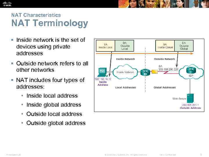 NAT Characteristics NAT Terminology § Inside network is the set of devices using private