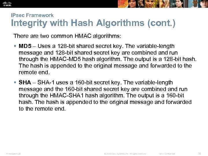 IPsec Framework Integrity with Hash Algorithms (cont. ) There are two common HMAC algorithms: