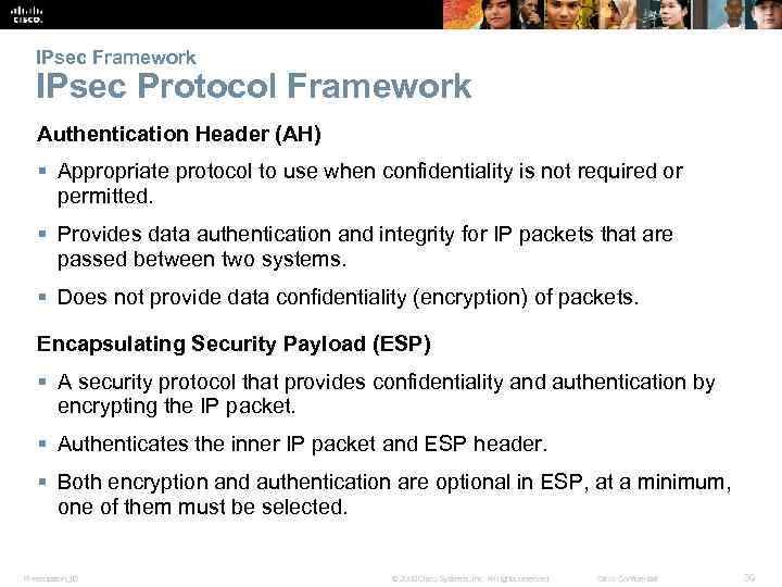 IPsec Framework IPsec Protocol Framework Authentication Header (AH) § Appropriate protocol to use when