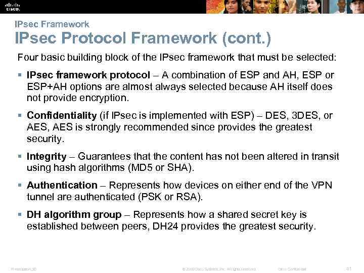 IPsec Framework IPsec Protocol Framework (cont. ) Four basic building block of the IPsec