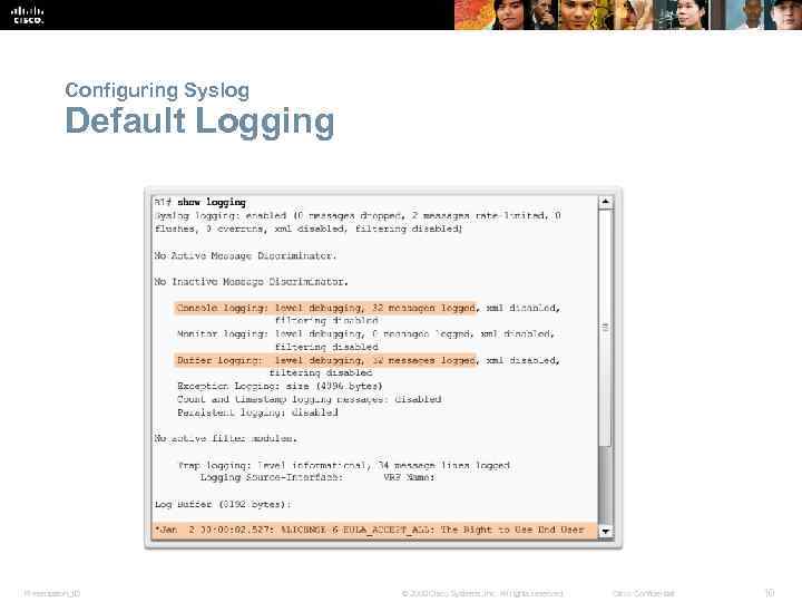 Configuring Syslog Default Logging Presentation_ID © 2008 Cisco Systems, Inc. All rights reserved. Cisco