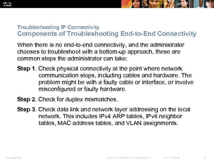 Troubleshooting IP Connectivity Components of Troubleshooting End-to-End Connectivity When there is no end-to-end connectivity,