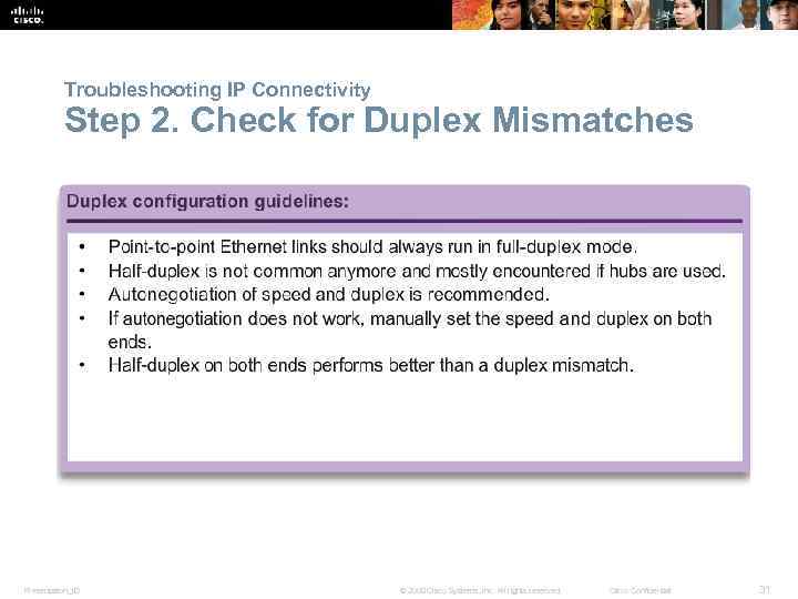 Troubleshooting IP Connectivity Step 2. Check for Duplex Mismatches Presentation_ID © 2008 Cisco Systems,