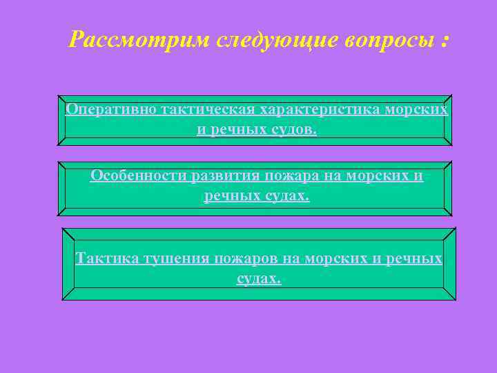 Рассмотрим следующие вопросы : Оперативно тактическая характеристика морских и речных судов. Особенности развития пожара